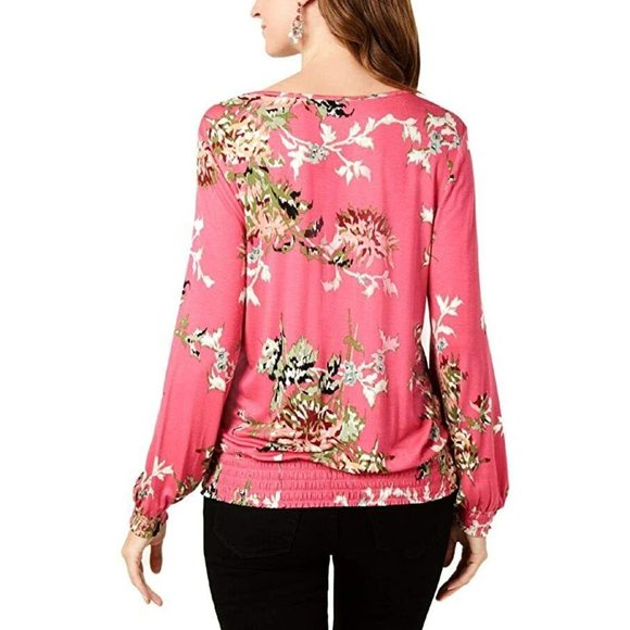 NWT Style & Co Women's L Pink Floral V Neck Long Sleeve Top Blouse Shirt - Picture 2 of 3